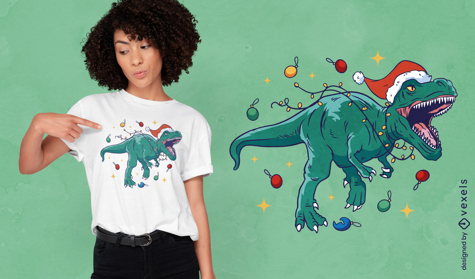 T-rex en diseño de camiseta de luces navideñas