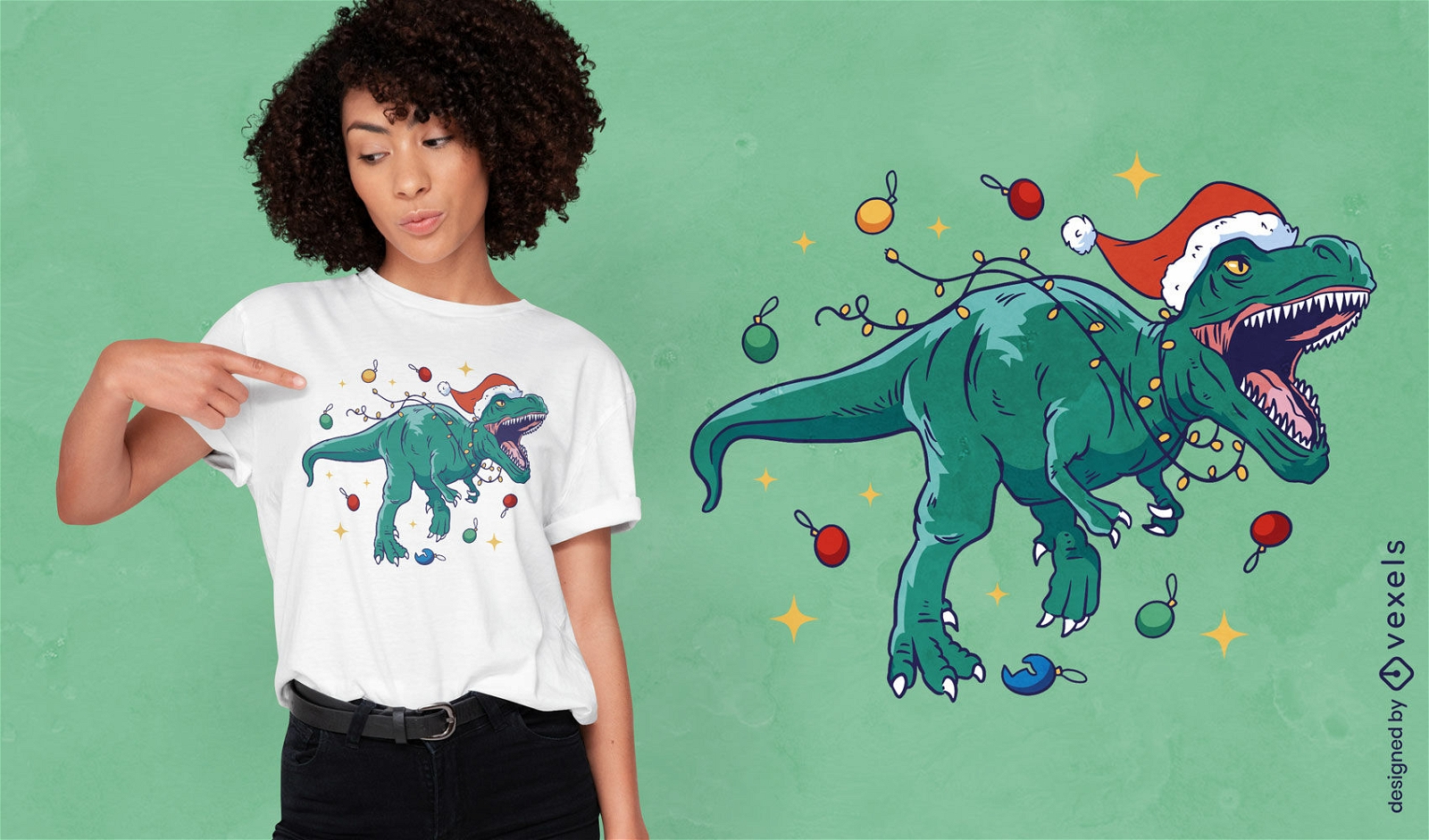 T-rex im T-Shirt-Design mit Weihnachtsbeleuchtung