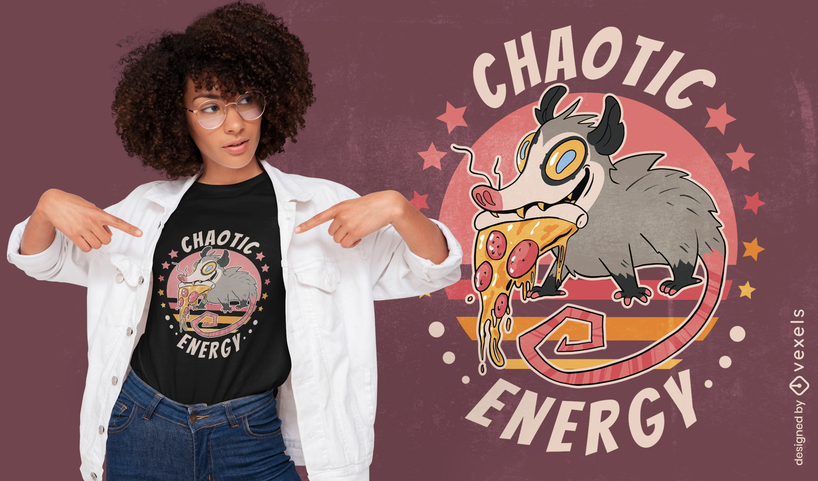 Zarigüeya de dibujos animados con diseño de camiseta de pizza