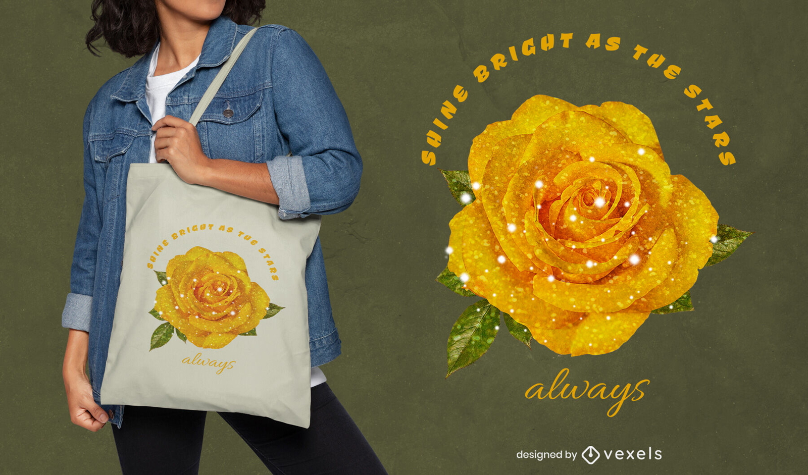 Glitter yellow rose tote bag design