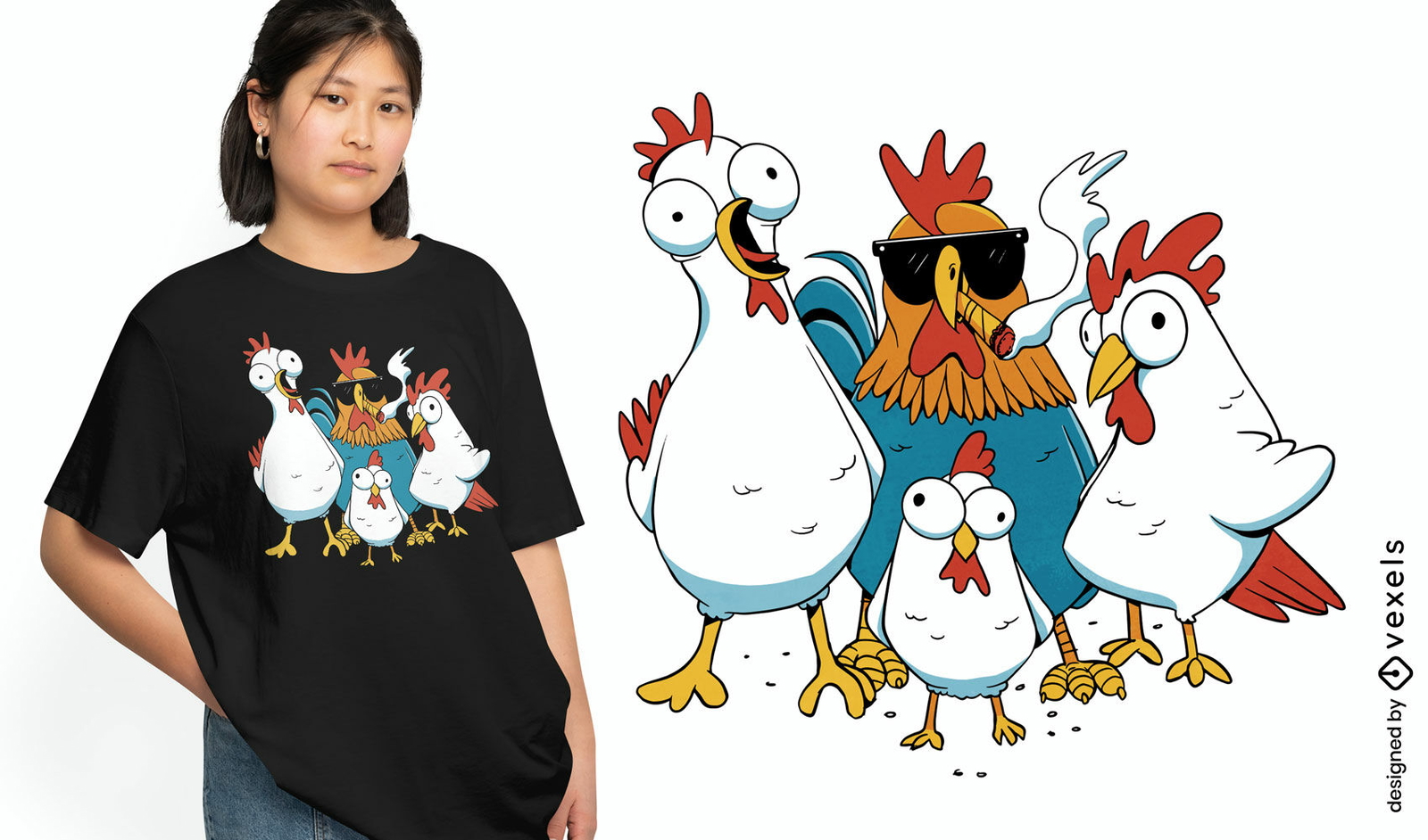 Diseño de camiseta de gallo fumando y pollo.