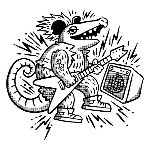 Dibujo en blanco y negro de una rata tocando una guitarra. Diseño PNG