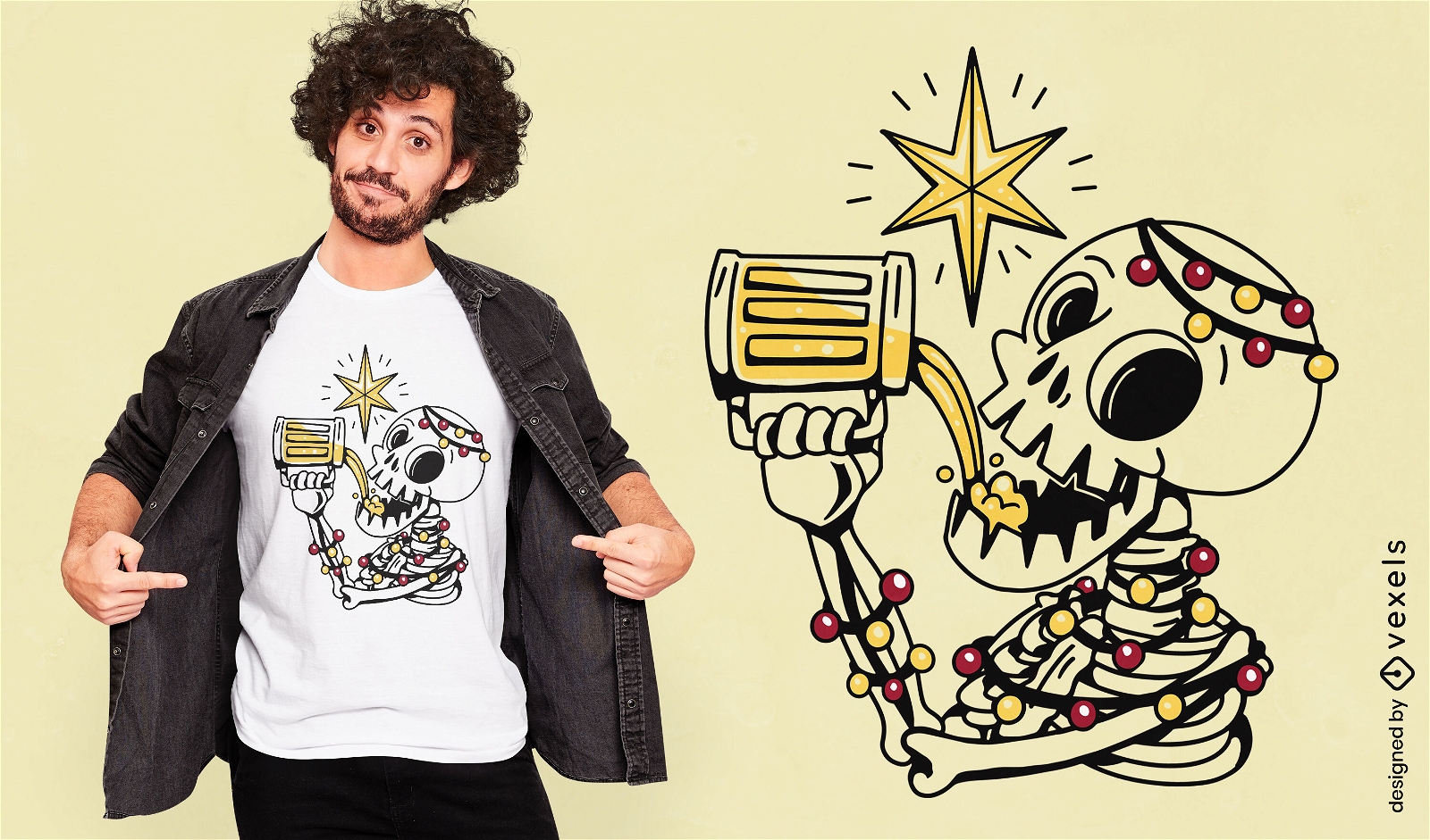Dise?o de camiseta de esqueleto de navidad bebiendo cerveza.