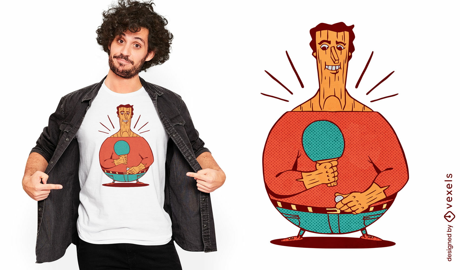 Diseño de camiseta de personaje de bate de tenis de mesa.