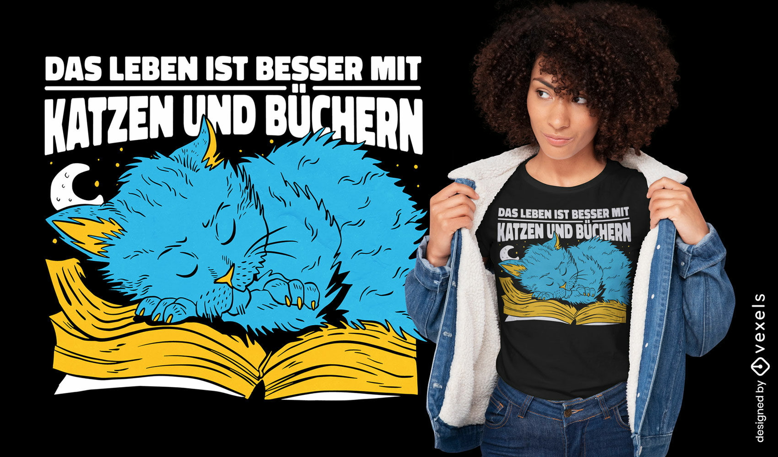 Katze schläft auf Buch-T-Shirt-Design