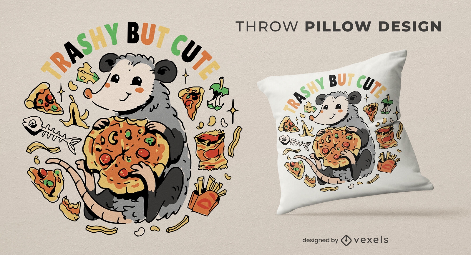 Cute possum eating pizza throw pillow design