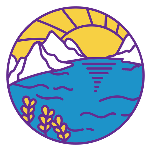 Blaues und violettes Logo mit Bergen und einem See im Hintergrund PNG-Design