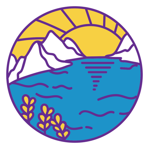 Logotipo azul y morado con montañas y un lago al fondo. Diseño PNG