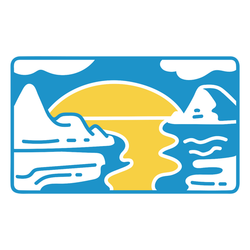 Blue and yellow icon of a lake with mountains in the background PNG Design