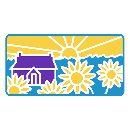 Casa y girasoles sobre fondo azul. Diseño PNG