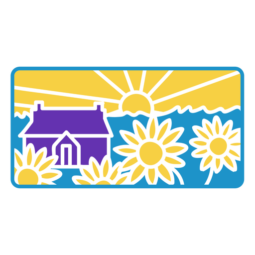 Haus und Sonnenblumen auf blauem Hintergrund PNG-Design