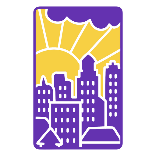 Purple and yellow card with a city skyline in the background PNG Design