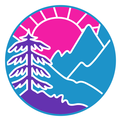 C?rculo azul e rosa com uma ?rvore e montanhas ao fundo Desenho PNG