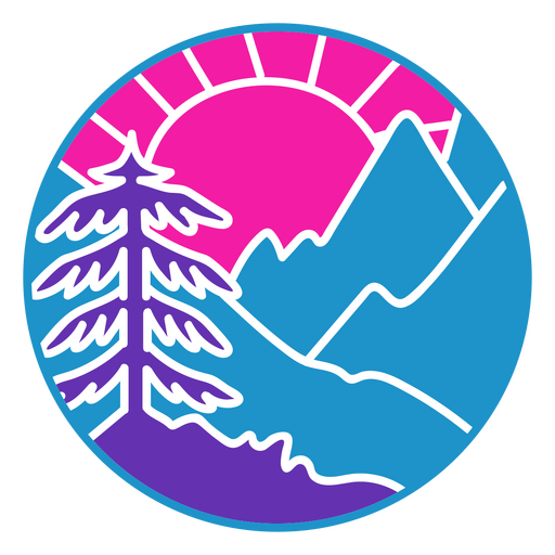 Círculo azul y rosa con un árbol y montañas al fondo Diseño PNG