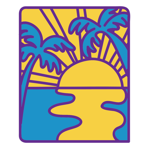 Logo con palmeras y una puesta de sol. Diseño PNG