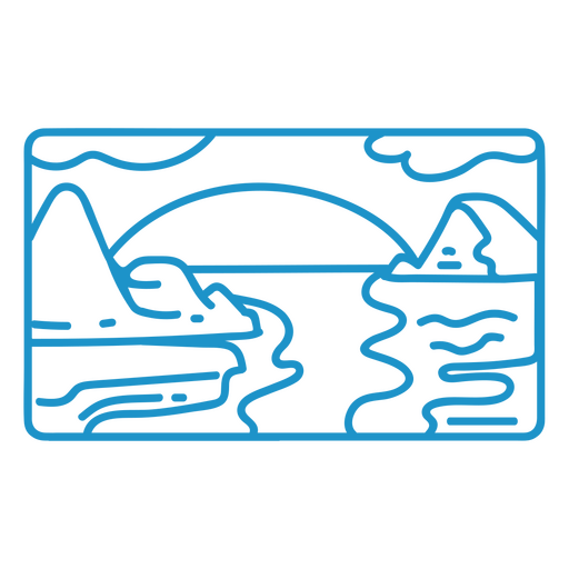 Dibujo lineal azul de un lago y monta?as. Diseño PNG