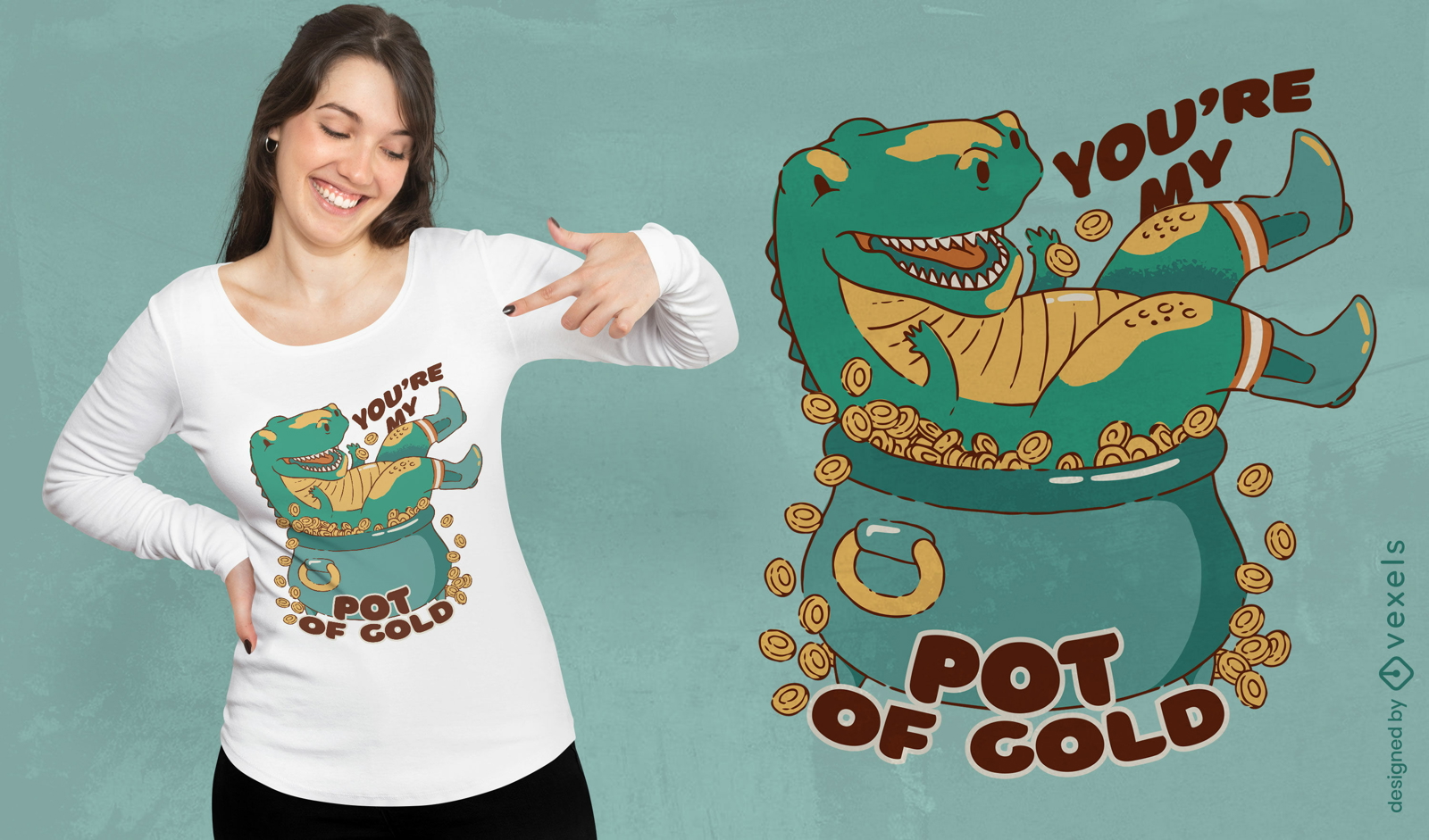 Design de camiseta de dinossauro em pote de ouro s?o patr?cio