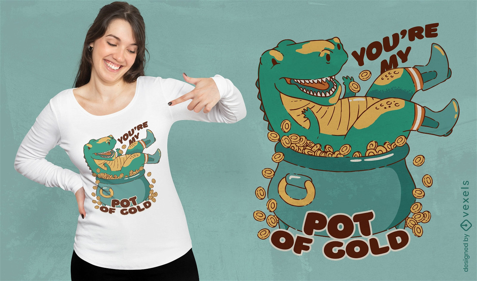 Dinosaur in pot of gold st patricks t-shirt design