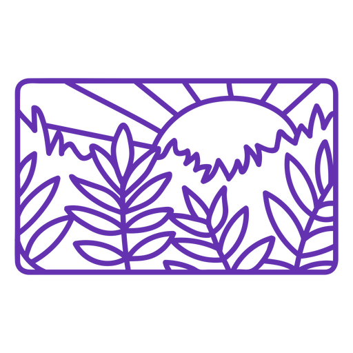 Icono morado con un sol y hojas al fondo. Diseño PNG