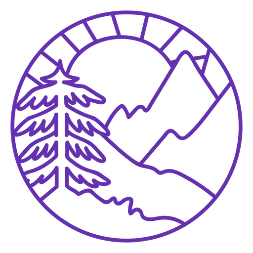 Logotipo morado con una montaña y un árbol en él. Diseño PNG
