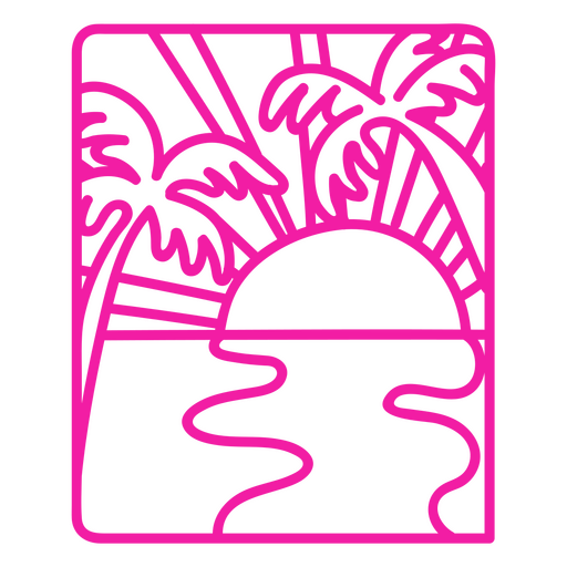 Icono rosa con palmeras y una puesta de sol. Diseño PNG