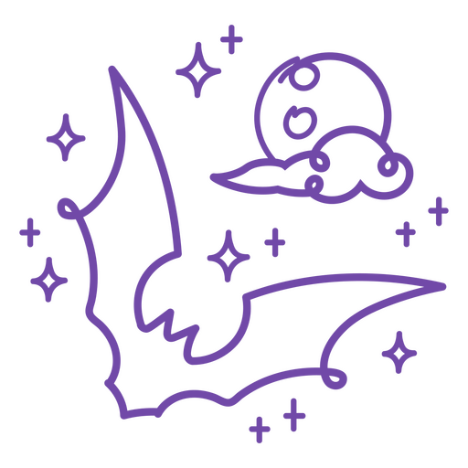 Murciélago morado con luna y estrellas. Diseño PNG
