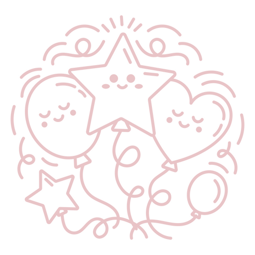 Estrella rosa con globos y corazones. Diseño PNG