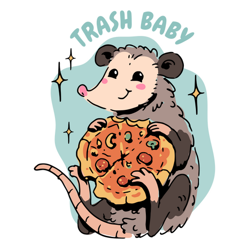 Opossum h?lt eine Pizza mit der Aufschrift ?Trash Baby?. PNG-Design