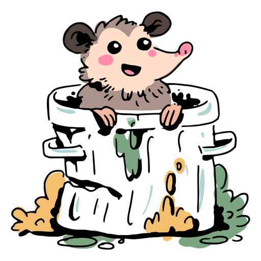 Cartoon-Opossum sitzt in einem Eimer PNG-Design