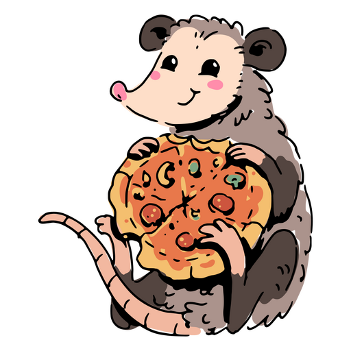 Cartoon opossum holding a piece of pizza PNG Design