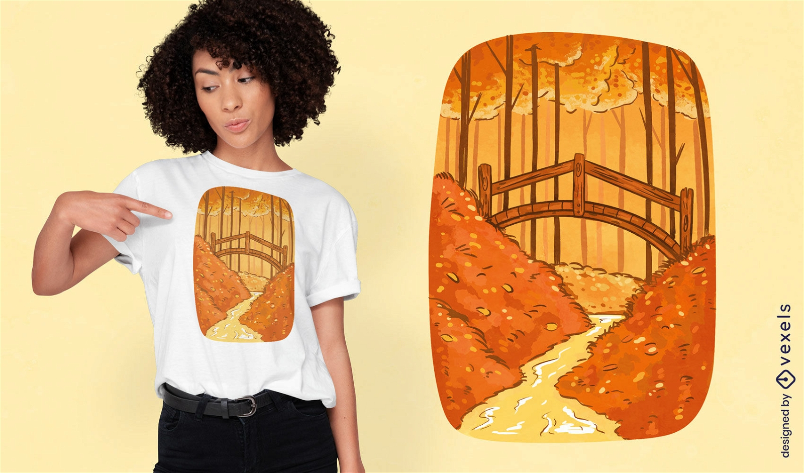 Diseño de camiseta de puente de bosque de otoño