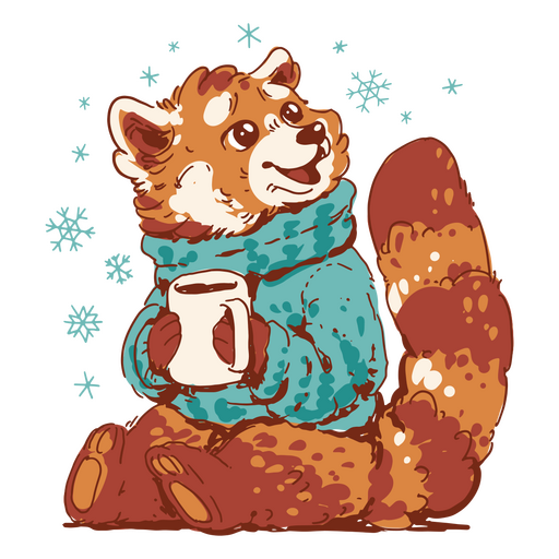 Red panda wearing a sweater and holding a cup of coffee PNG Design