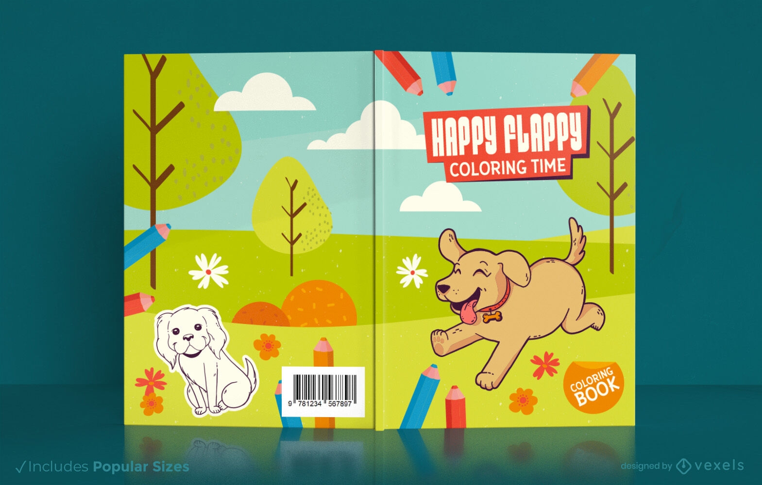 Diseño de portada de libro de perro feliz corriendo