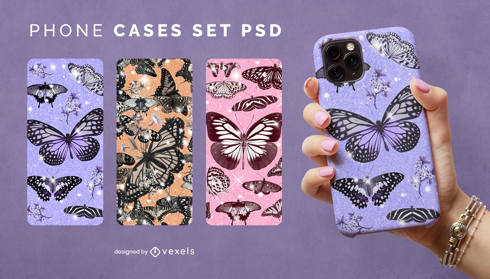 Juego de fundas para teléfono con purpurina de mariposas.