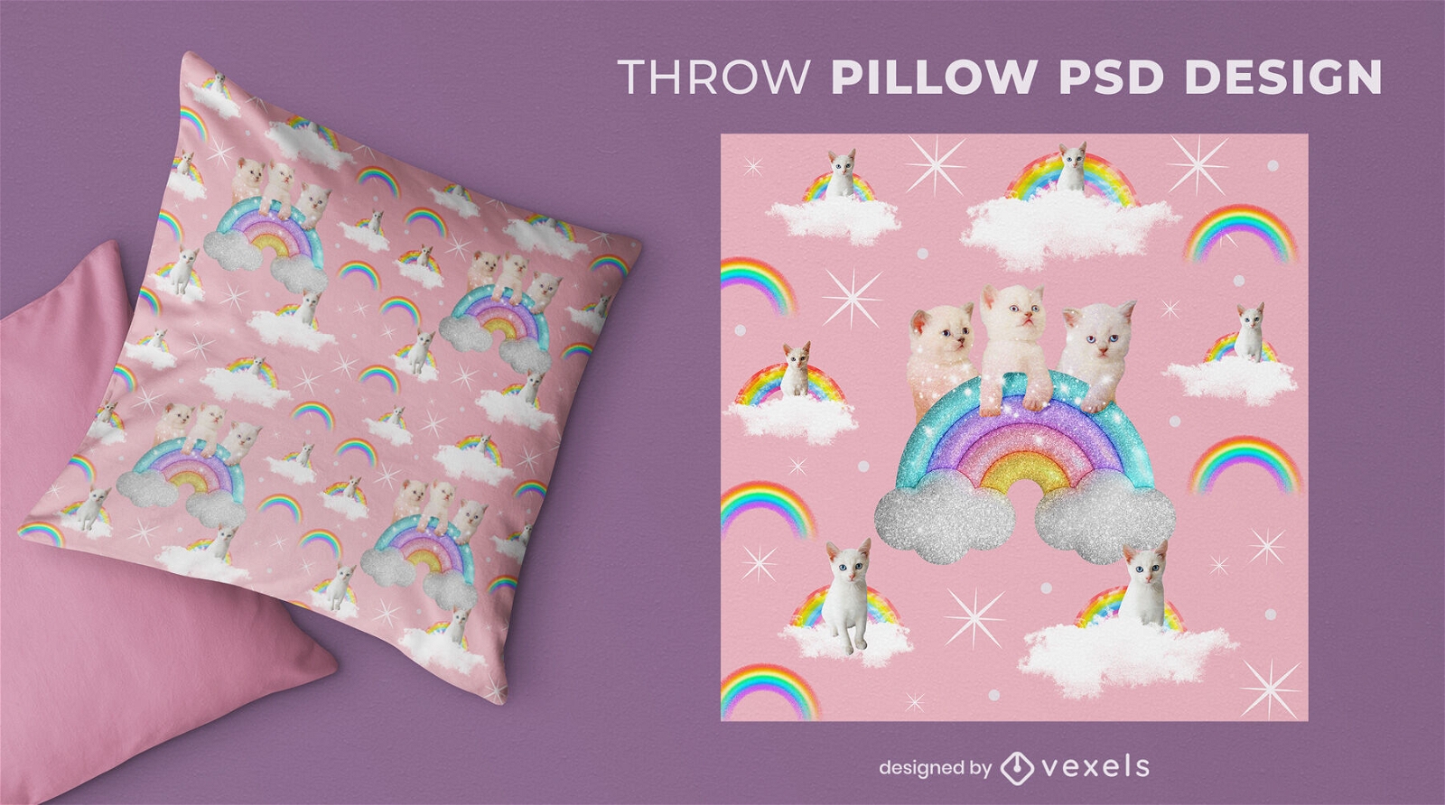 Cute kittens and rainbows throw pillow design