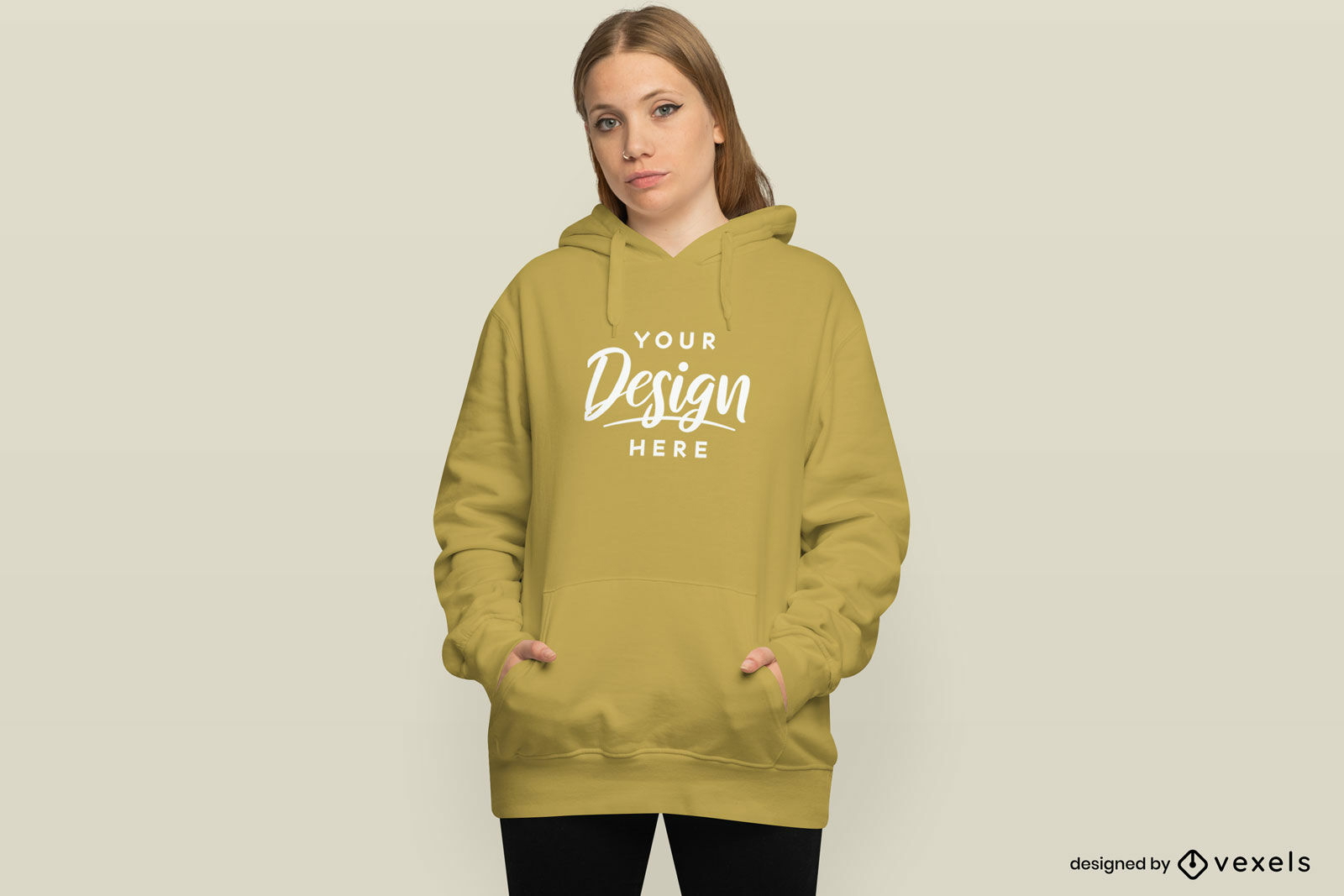 Blonde Frau Hände in Taschen Hoodie Mockup