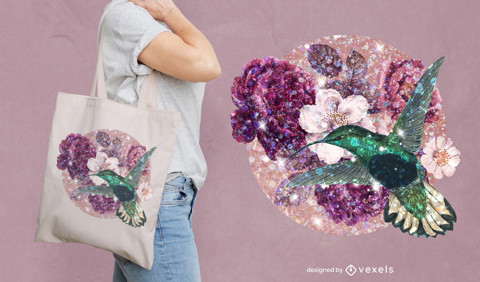 Bolso tote de flores y pájaros con purpurina psd