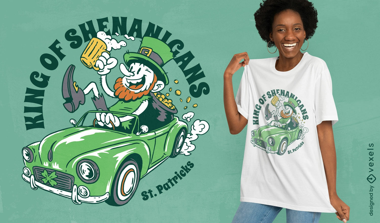 Duende conduciendo coche en diseño de camiseta de San Patricio