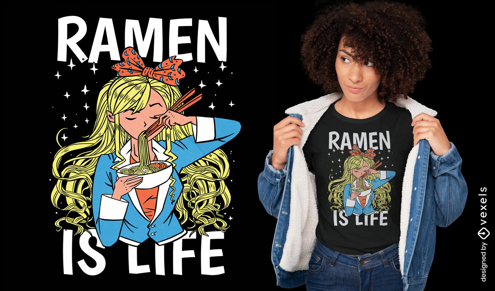 Design de camiseta com citação de ramen de menina