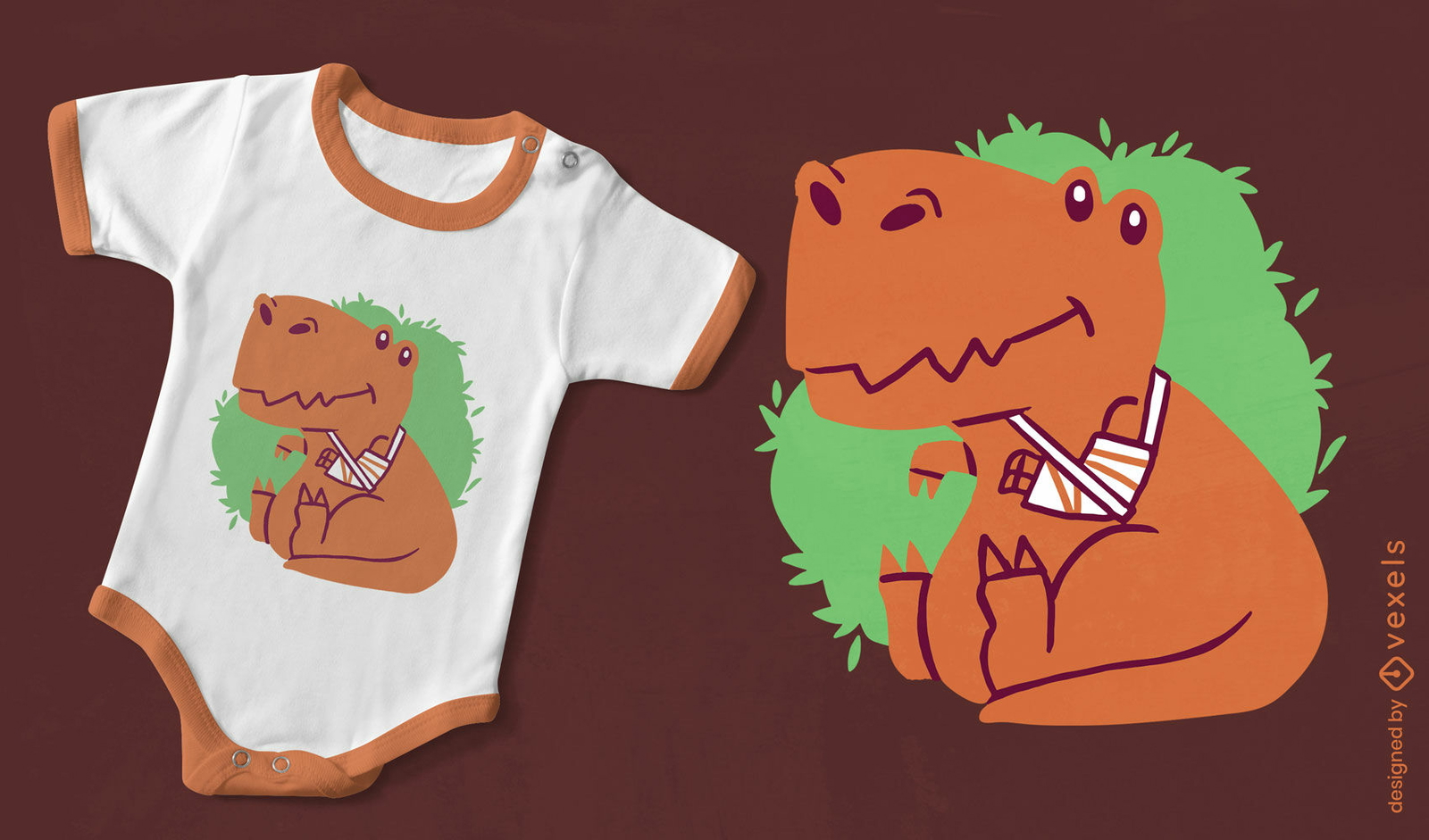 Dinossauro com design de camiseta de braço quebrado