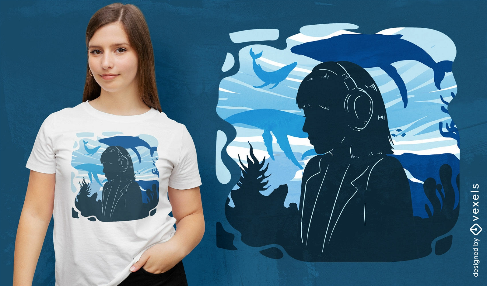 Mädchen mit Kopfhörer-Ozean-T-Shirt-Design