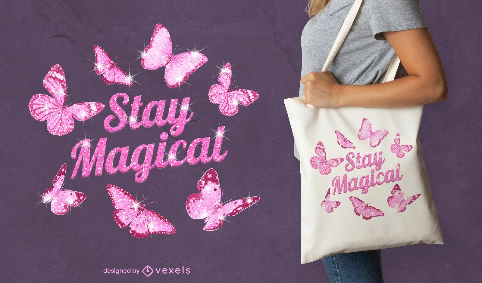 Butterflies and lettering glitter tote bag psd