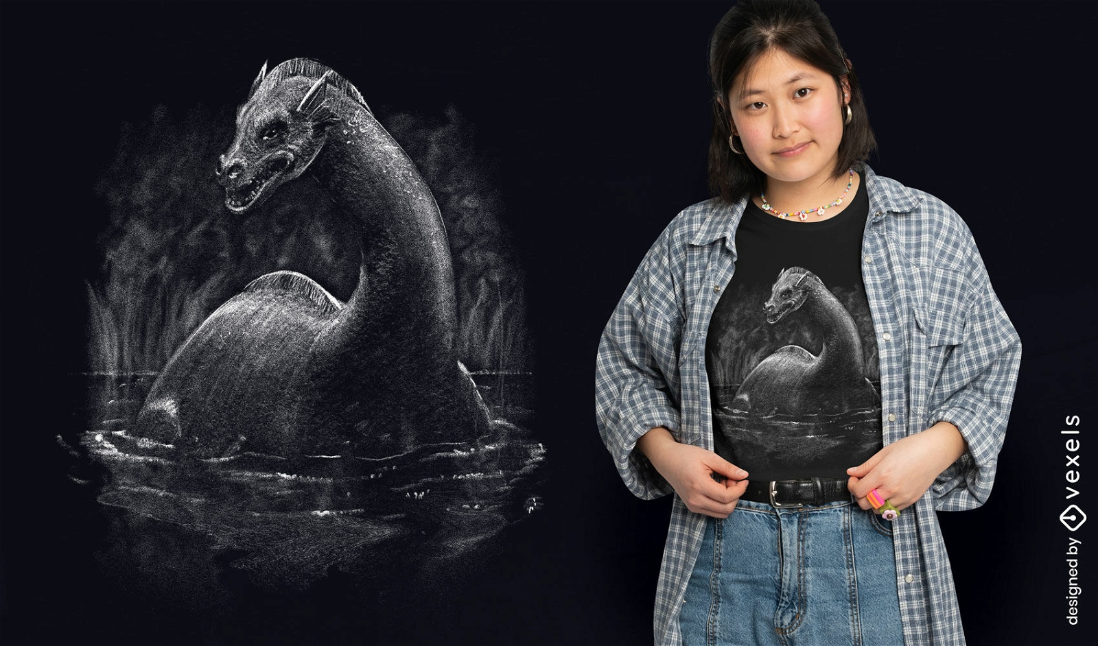 Design de camiseta realista de monstro do Lago Ness
