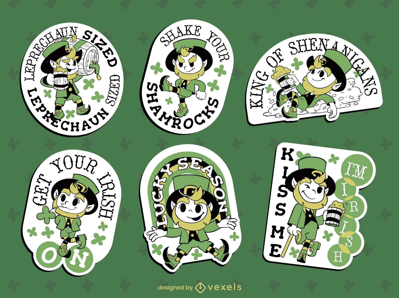 St patricks holiday cartoon leprechaun sticker set