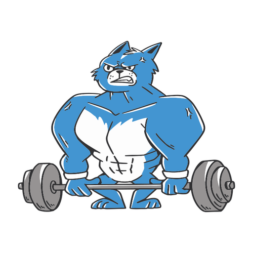 Blue and white cat lifting a barbell PNG Design
