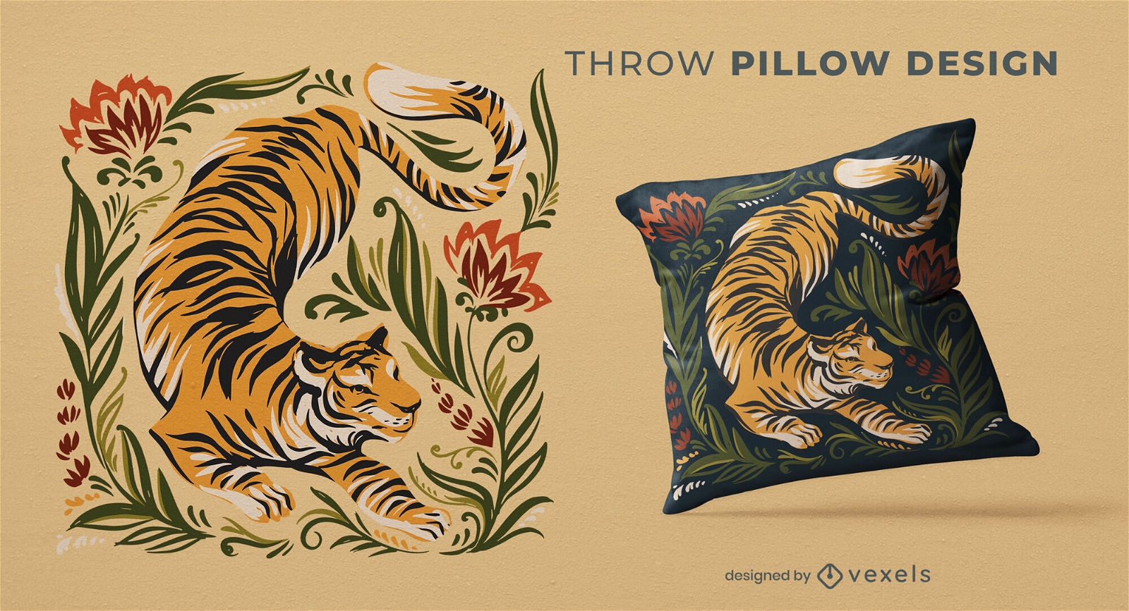 Floral tiger throw pillow design
