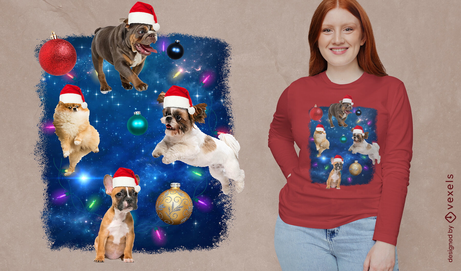 Cães de Natal no design de camiseta espacial