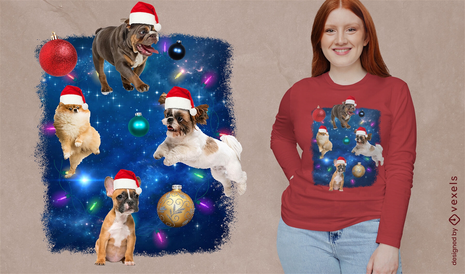 Diseño de camiseta de perros navideños en el espacio.