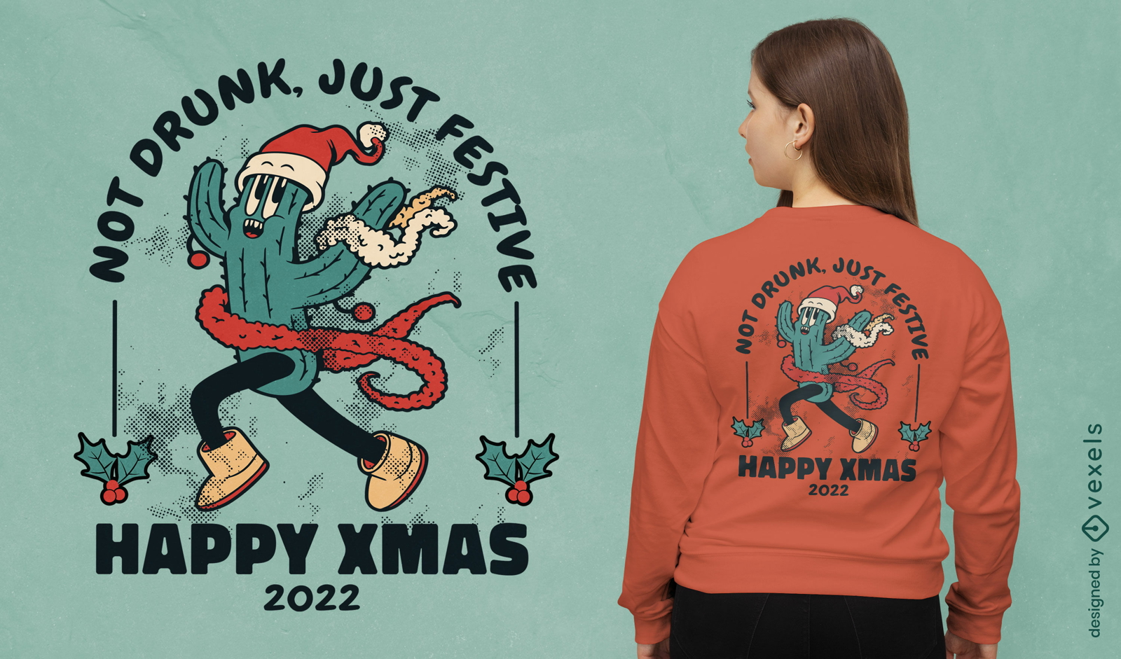 Design de camiseta de natal de desenho animado retr? de cacto