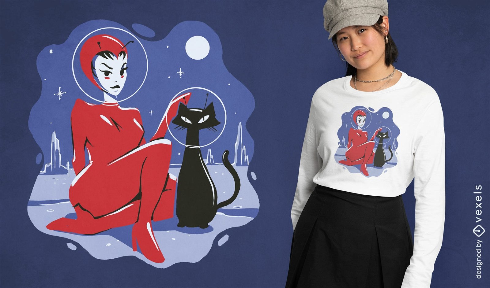 Chica alienígena con diseño de camiseta de gato.